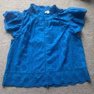 Blue Eyelet Cotton Blouse Flutter Sleeve Boho Summer Top Size S